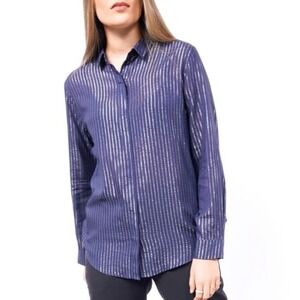 WILDFANG The Empower Pinstripe Long Sleeve Button Up Shirt Women XL Navy PUNK